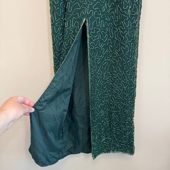VTG 90s Laurence Kazar Beaded Prom Gown PS Green Silk Evening Formal Cocktail - Picture 7 of 11